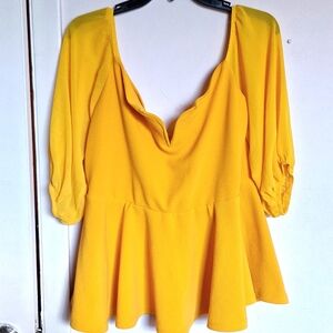 Shein 1XL Yellow V Bar Neckline Mesh Sleeves Peplum Top